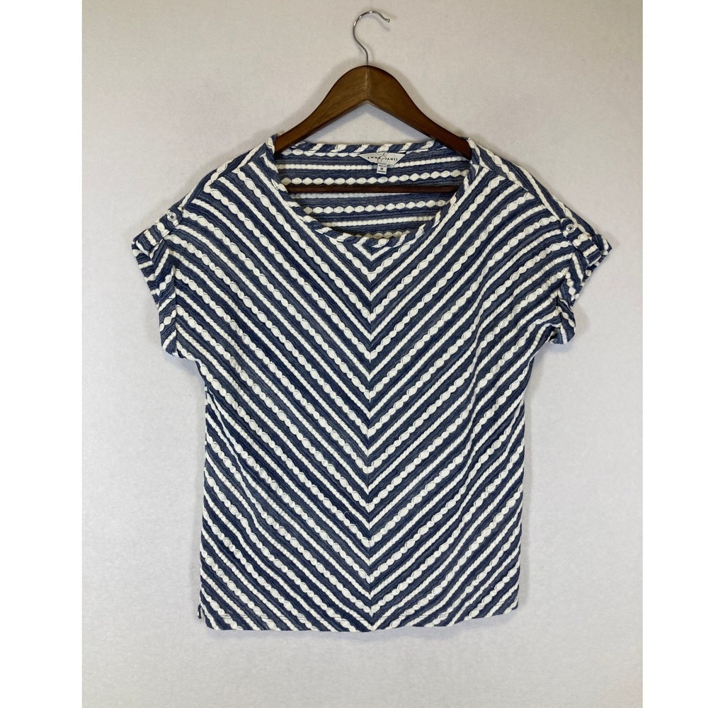 Nautical Emma James Women Medium Blue White Chevron Stripe Button Tab Sleeve Top